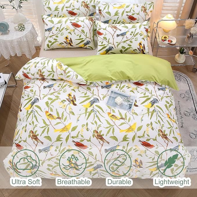 URBONUR 3 Pieces King Size Duvet Cover Set, 100% Cotton Percale Soft Breathable Smooth Comforter Cover Green Leaves & Birds Printed Bedding Set with Button Closure
