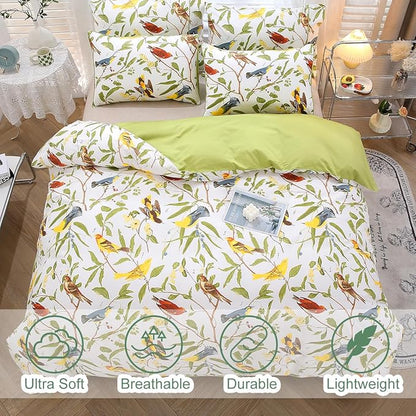 URBONUR 3 Pieces King Size Duvet Cover Set, 100% Cotton Percale Soft Breathable Smooth Comforter Cover Green Leaves & Birds Printed Bedding Set with Button Closure