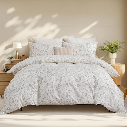 100% Cotton Floral Duvet Cover Set King Size Ultra Soft Breathable Blue Floral Grey Leaves Bedding Set for Women with Zipper Closure 3 Pcs Chic Reversible Duvet Cover for All Season