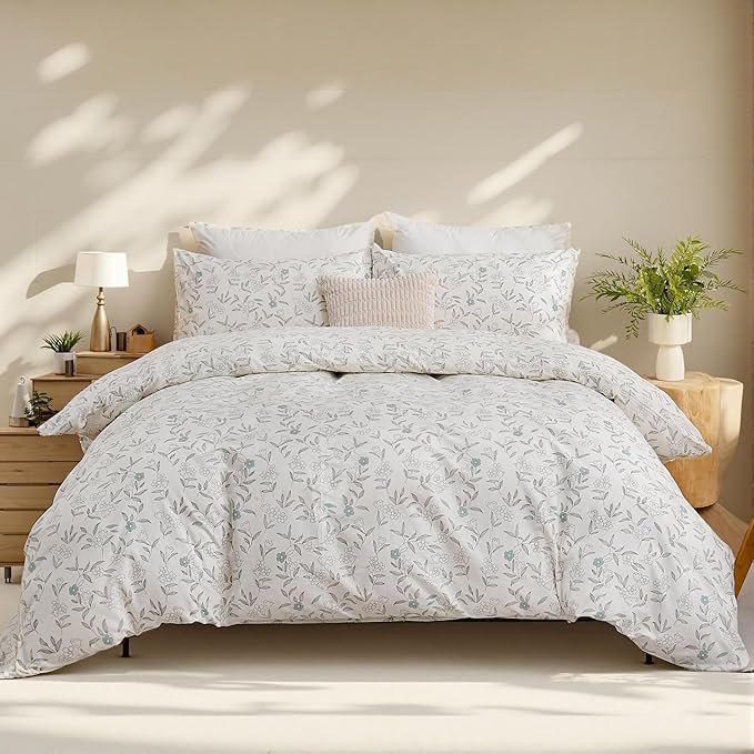 100% Cotton Floral Duvet Cover Set Queen Size Ultra Soft Breathable Blue Floral Grey Leaves Bedding Set for Women with Zipper Closure 3 Pcs Chic Reversible Duvet Cover for All Season