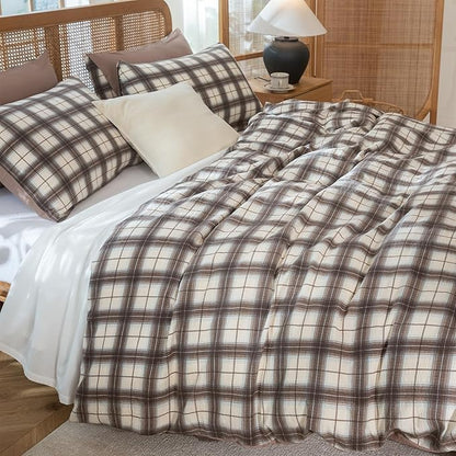 Jane yre Duvet Cover Queen Plaid Brushed Soft Microfiber Gauze Fabric Reversible 3 Pieces Bedding Set Vintage Style Checkered Pattern Queen Duvet Cover with Zipper Closure Luxury Breathable Comfy