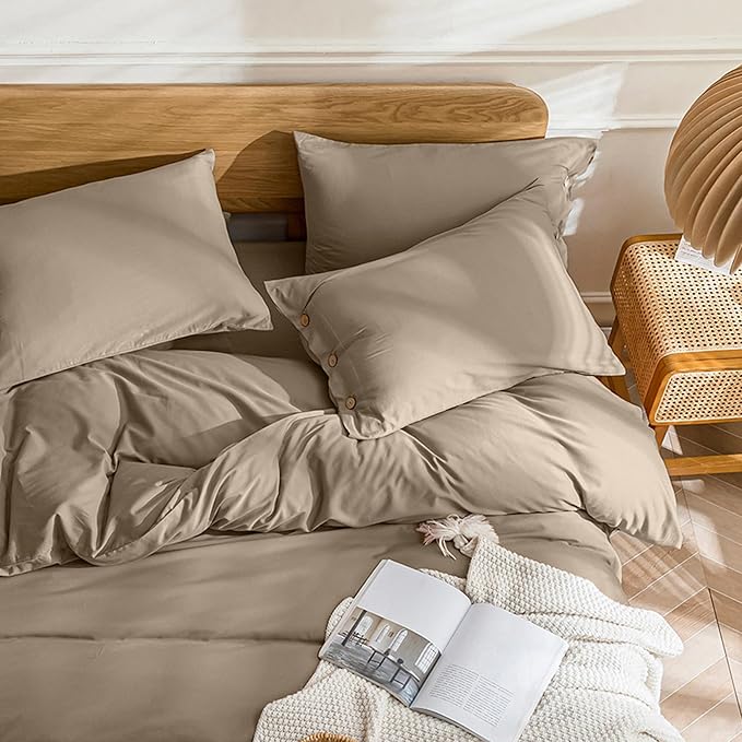 JELLYMONI Cotton Duvet Cover Queen Size - Khaki Comforter Cover with Button 100% Washed Cotton 3PCS Breathable Soft Solid Bedding Set Duvet Cover 90×90in & 2 Pillowcases (NO Comforter)