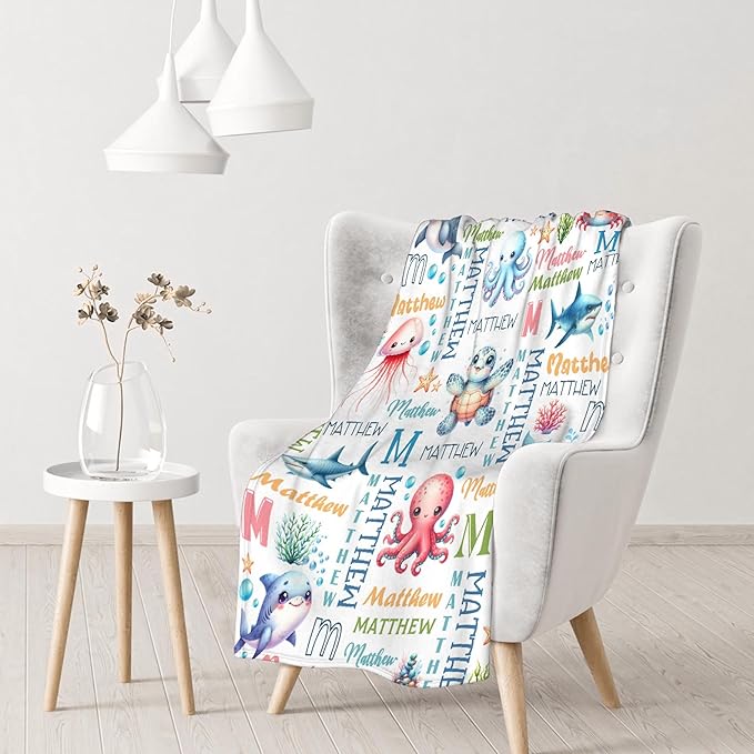 Personalized Baby Blanket for Girls Boys Sea Animals Custom Baby Blanket with Name Swaddle Blanket for Toddlers Infants Kids Shower Newborns Nursery Stroller Crib Decor Throw Birthday Gift