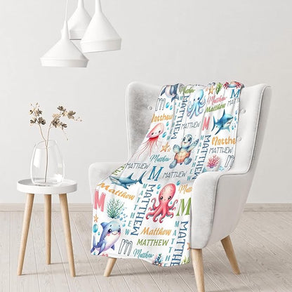 Personalized Baby Blanket for Girls Boys Sea Animals Custom Baby Blanket with Name Swaddle Blanket for Toddlers Infants Kids Shower Newborns Nursery Stroller Crib Decor Throw Birthday Gift