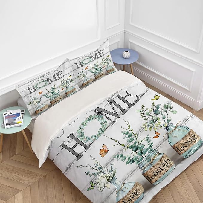 Eucalyptus Botanical Theme 3 Pieces Duvet Cover Comforter Set with 2 Pillowcase Queen Size Greenery Leaf Bed Sheet Quilt Bedroom Bedding for Lover Kids