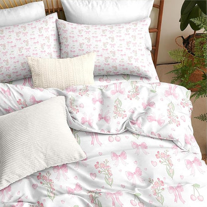 Bow Duvet Cover Queen Size Pink Floral Coquette Bedding Set with Cherry Kids Boys Girls Cute Heart Bowknot Reversible Soft Microfiber Duvet Cover Set 3 Pieces with 2 Pillowcases