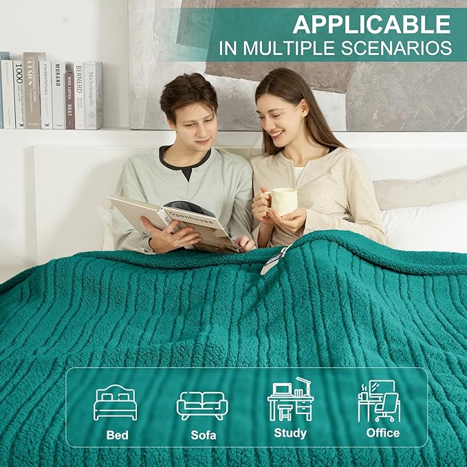 Queen Size Electric Blanket Single Control - 84"X90" Soft Double Sided Sherpa Heated Blanket with 6 Heating Levels & 10 hrs Timer Settings, Washable & ETL Certified for Bed, Green