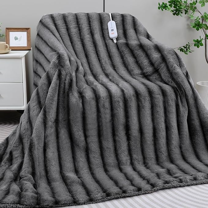 Heated Blanket Electric Throw- 50"x60" Soft Thick Faux Fur Electric Blanket for Sofa with 5 Heat Levels & 4 Hours Auto-Off Overheat Protection, Warm Cozy Gifts, Grey