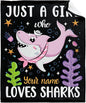 Custom Just A Girl Who Loves Sharks Blankets Gifts for Kids Adult On Bed Sofa,Personalized Premium Flannel Blankets for Birthday Christmas Thanksgiving All Season Use 90''x 120'' -XL