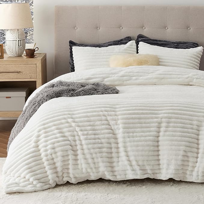 Bedsure Fluffy Duvet Cover Set - Ultra Soft Plush Shaggy Comforter Cover King Size, Warm Flannel Fleece Bed Sets for Winter, 3 Pieces (Striped Pattern, Coconut White)