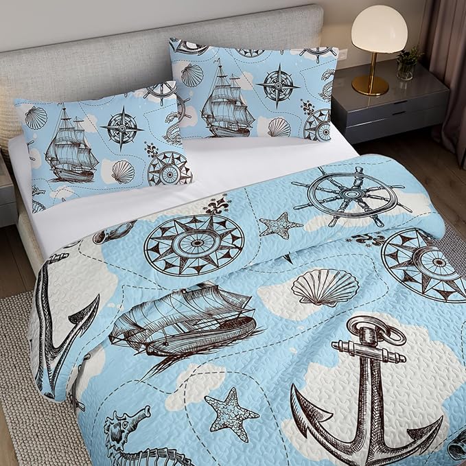 QOOMO Voyage Quilt Set Full/Queen Size,Navigate Bedspread Coverlet Set,Anchor 3Pcs Bedding Set Printed Quilt with 2 Pillowcases,Soft and Lightweight,for All Seasons