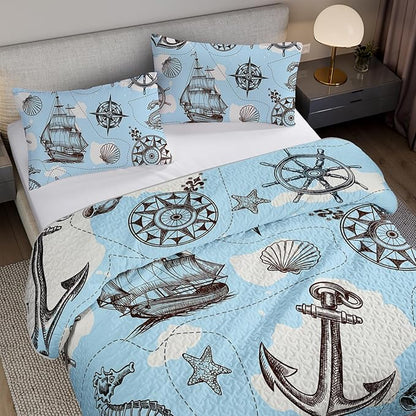 QOOMO Voyage Quilt Set Full/Queen Size,Navigate Bedspread Coverlet Set,Anchor 3Pcs Bedding Set Printed Quilt with 2 Pillowcases,Soft and Lightweight,for All Seasons