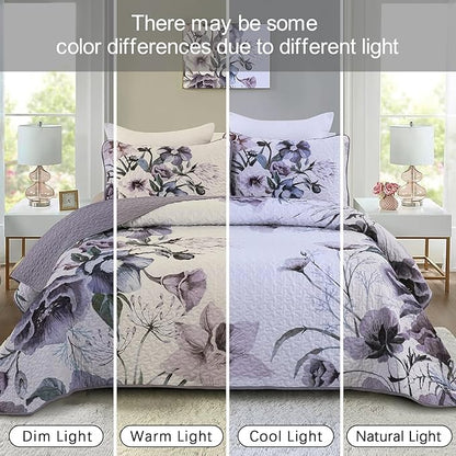 Drucon Purple Floral Quilt Set Queen Size 3 Pieces Purple Botanical Flower Quilt Coverlet Set Soft Microfiber Lightweight Quilted Bedspread for All Season 90"x96"