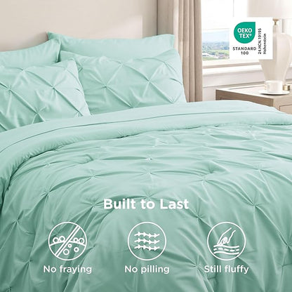 Bedsure King Size Comforter Set Mint Green - Bed in a Bag Bedding Set 7 Pieces, GentleSoft™ Pintuck Bed Set Gift for Family, Pinch Pleat Mint Green Comforter with Sheets, Pillowcases & Shams