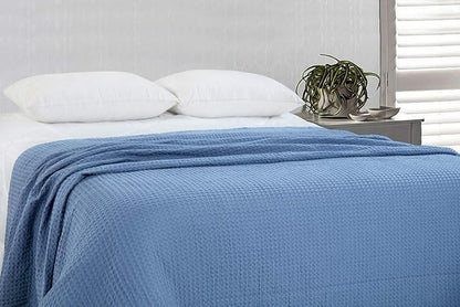 HILLFAIR 100% Combed Cotton Blanket– Twin Size Bed Blankets– Warm Soft All Season Breathable Lightweight Summer Blankets– Waffle Weave Home Decor Bed Blanket- Blue Twin Bed Cotton Blankets/Bedcovers