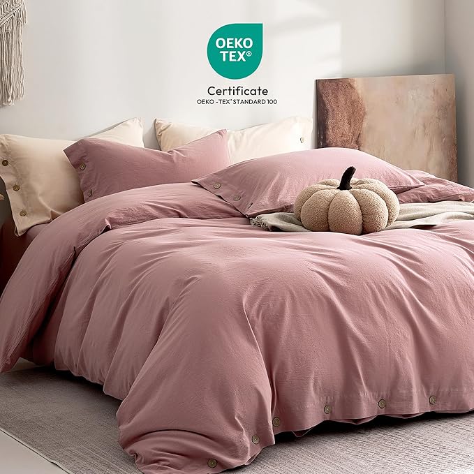 JELLYMONI 100% Washed Cotton Duvet Cover King – Soft, Breathable Linen-Look Bedding with Natural Wrinkle Texture, Button Closure, 3-Piece Set (Darker Rose, 104"x90")
