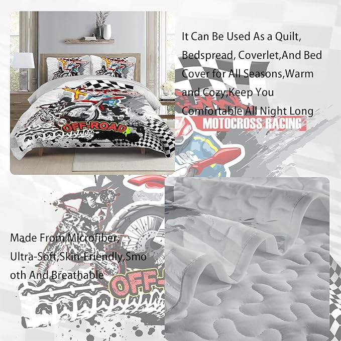 AILONEN 3-Piece Motocross Racing Quilt Set King Size Motorcycle Dirt Bike Bedspread Coverlet Soft Microfiber with 2 Pillowcases for Kids Girls Bed Cover