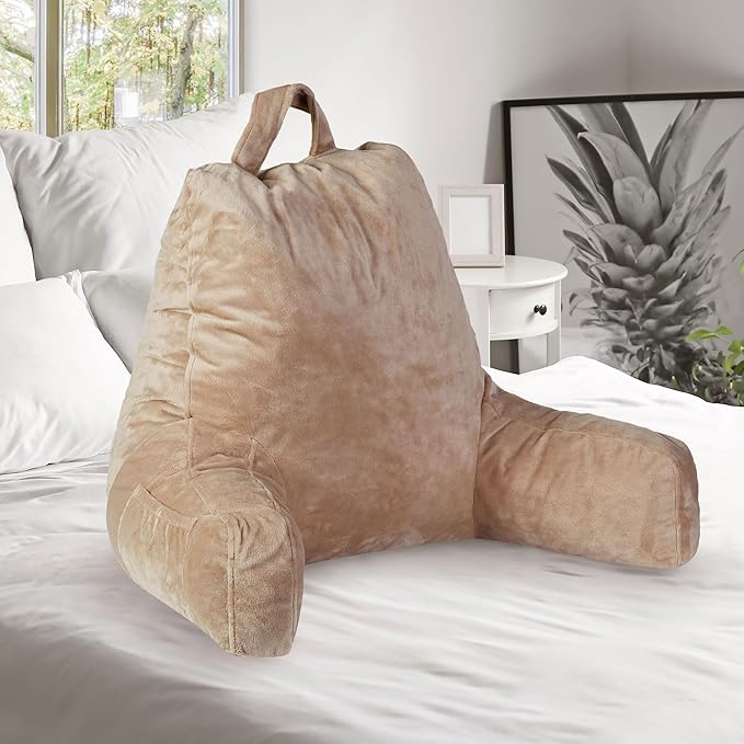 Cheer Collection Reading Pillow with Arms – Portable Bed Pillow for Sitting Up & Support, Foam-Filled Back Rest Pillow for Sitting in Bed & Couch, Machine Washable Taupe (Small)