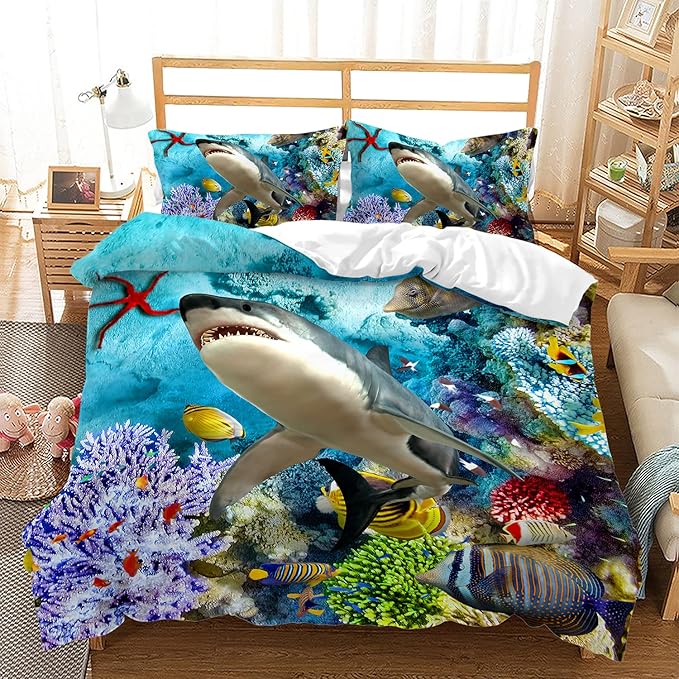 CVHOUSE Shark Duvet Cover Twin Size,Ocean Sea Bedding Set,Beach Comforter for Boys Kids Teens,1 2 Pillowcases 3 Piece Twin 71'x87'