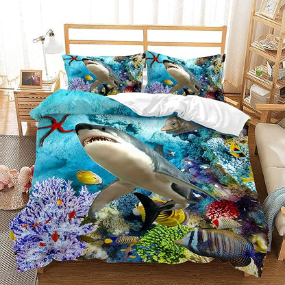 CVHOUSE Shark Duvet Cover King Size, Ocean Beach Comforter Set, 1 Duvet Cover 2 Shark Pillowcases 3 Piece