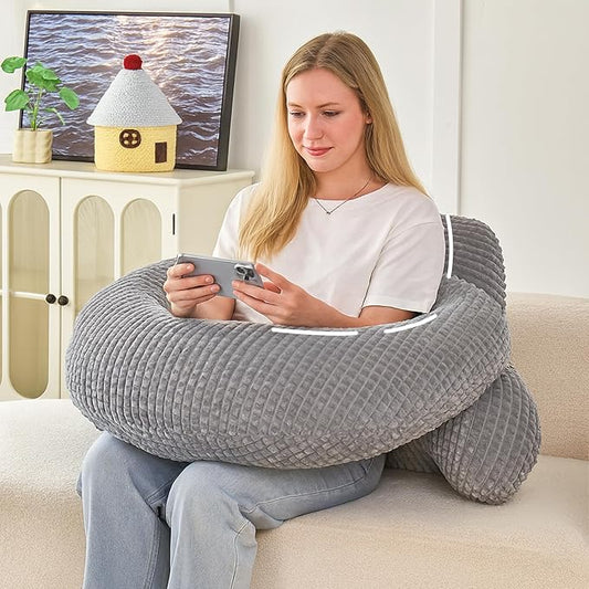 Reading Pillow for Bed,U Shaped & Back Support Pillow for Bed,19" Backrest with Lumbar & Arm Support,Comfy Flannel Fabric,Lap Pillow for Gaming/Reading/Watching TV,Gray