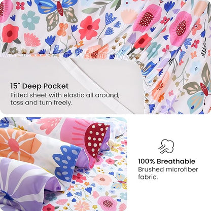 Mooreeke Twin Size Comforter Sets for Girls Kids, 6 Pieces Bed in a Bag Purple Floral Butterfly Bedding Comforter Sheet Set with Shams and Decorative Toy Pillow, Ultral Soft Microfiber Kids Bed Set