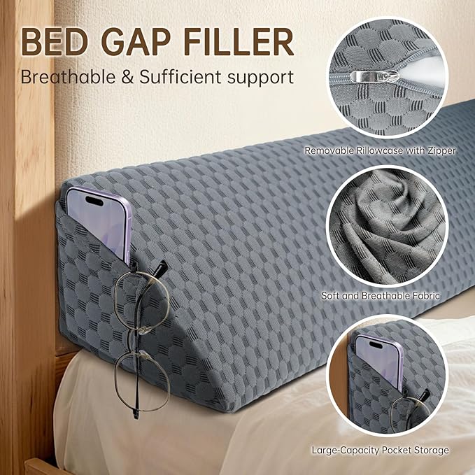 Twin Size (39"x6"x8") Bed Wedge Pillow for Headboard Mattress Gap Filler (0-6") for College Dorm Sleeping, White