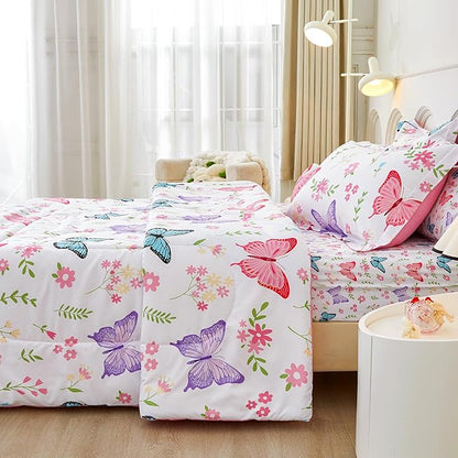 Mooreeke Twin Size Comforter Sets for Girls Kids, 6 Pieces Bed in a Bag Flower Butterfly Bedding Comforter Sheet Set with Shams and Decorative Toy Pillow, Ultral Soft Microfiber Kids Bed Set