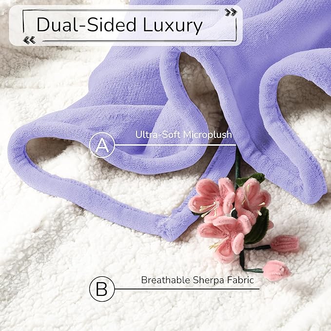 Electric Heated Blanket King Size 90"x100" - Dual-Sided with Microplush & Sherpa Fabric, 4 Heat Settings & 10 Hours Auto Off, Dual Controller, Machine Washable - Light Purple
