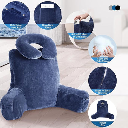Rengue 31" Large Ergonomic Bed Rest Pillow, Reading Pillow with Arms Detachable Neck Roll Reading Pillow with Pockets for Sitting in Bed Couch (Blue)