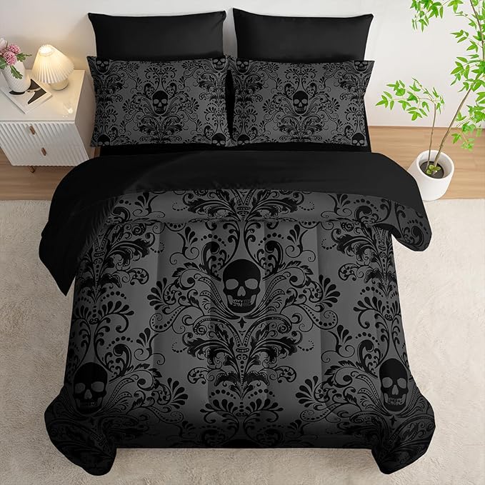 Black Skull Comforter Set 7 Piece King Size Bed in A Bag,Goth Bedding for Room Decor,Soft Western Comforter Boho Hippie Bedding with Fitted Sheet,Flat Sheet, Pillowcases & Shams