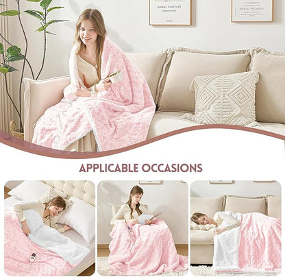MAXEVE Heated Blanket Electric Throw 50"x60" Faux Rabbit Fur Blankets with 6 Heating Sets & 12 Hours Auto Off, Warm Gifts for Grandma Wife, ETL Certification