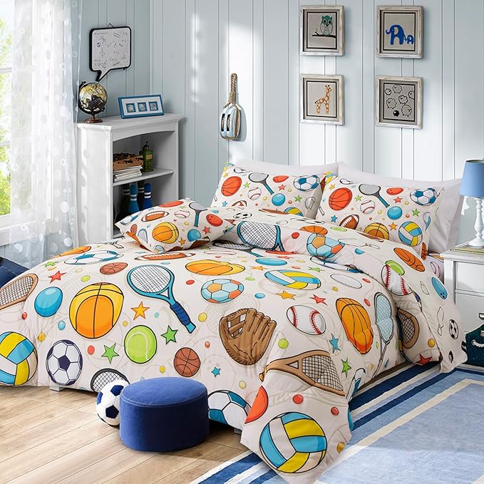 A Nice Night 6Pcs Queen Bedding Set for Boys, Sports Theme Comforter with Curling, Baseball & Basketball Design, Soft Athletic Kids Bedroom Decor(Yellow)
