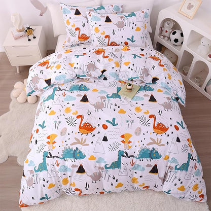 JSD Dinosaur Kids Duvet Cover Set Queen Size, 3 Piece Soft Printed Microfiber Bedding Comforter Cover with Pillow Sham Zipper Closure, Comforter Not Included