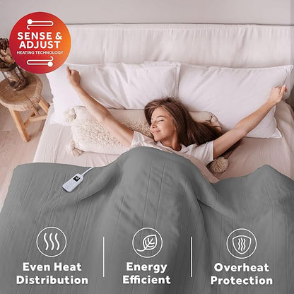 Sunbeam Electric Royal Luxe Microplush Heated Blanket, 12 Heat Settings, 12-Hour Auto Shut-Off, Fast Heating, Warm & Cozy, Machine Washable, Dove Gray Color, Full (84" x 72")