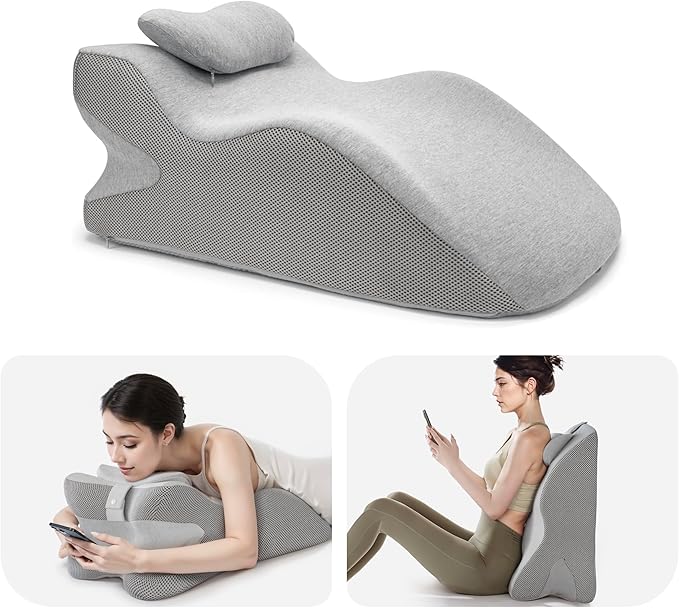 Memory Foam Wedge Reading Pillow for Bed, Adult Ergonomic Back Pillow with Adjustable Headrest, Bed Pillow for Sitting Up, Back Support for Reading, Relaxing, Pain Relief, Removable Washable Cover