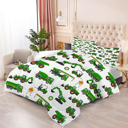 Comforter Set Green Tractor: Queen Size Cartoon Excavator Truck Car Bedding Sets for Boys Kids Teens Toddler Construction Vehicles Quilt Bed Set with 1 Comforter & 2 Pillowcases