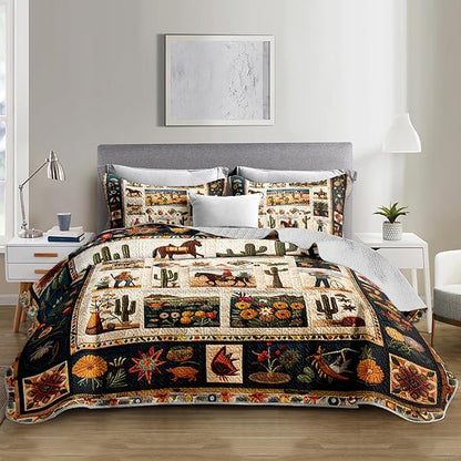 Western Wrangler Brown Horses Quilts Bedding Full 3Pcs Chic Desert Scenery Cactus Bed Set Wild Plant Flower Pattern Bedspread Coverlet with 2 Pillowcases for Kid Boy Girl Teen Adult Room Decor