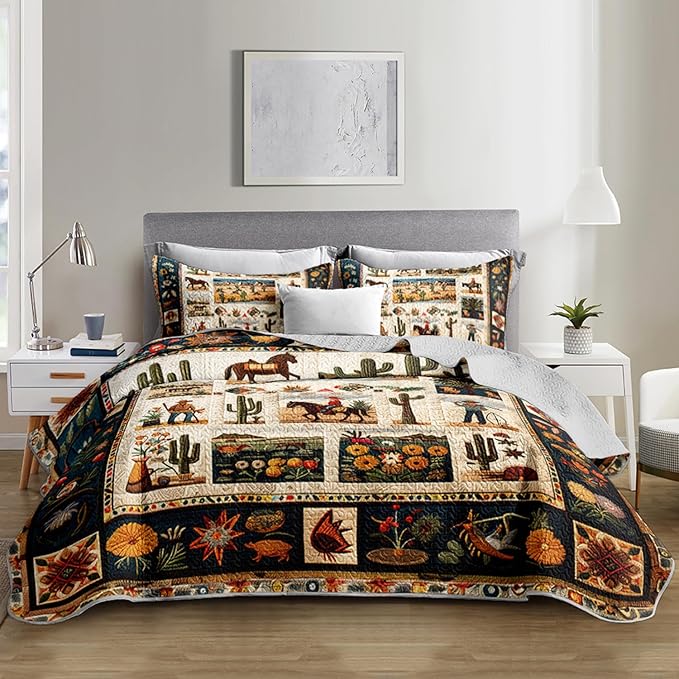 Western Wrangler Brown Horses Quilts Bedding King 3Pcs Chic Desert Scenery Cactus Bed Set Wild Plant Flower Pattern Bedspread Coverlet with 2 Pillowcases for Kid Boy Girl Teen Adult Room Decor
