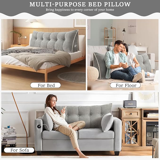 Headboard Pillow Twin, Chenille Triangular Wedge Pillow Headboard Twin Size, Reading Setting Backrest Daybed Pillows for Bed Sofa with Removable Coverr, Grey