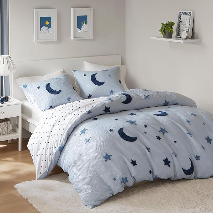 Intelligent Design Kids Cosmos Full Size Duvet Set – Blue Star and Moon Tufted Chenille, Reversible 3-Piece Bedding with Star Pillow, Full/Queen