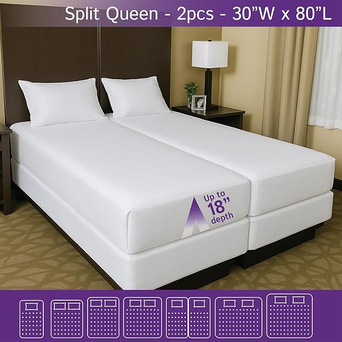 Split Queen Waterproof Mattress Protector 30" x 80" (2PCs) - Fitted Sheet Mattress Cover with Deep Pockets - Hypoallergenic, Breathable, Water Proof, Noiseless, Vinyl Free