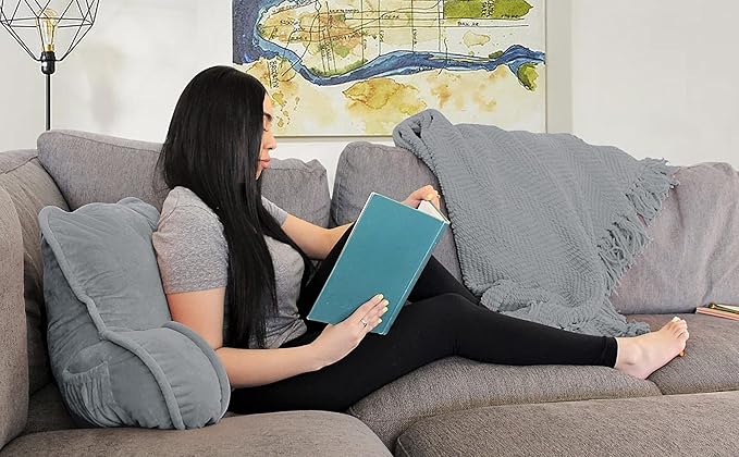 Super Soft Velvety Backrest Reading Bed Rest Pillow with Arms and Pockets 18" H for Sitting in Bed Couch Sofa, Back Support Wedge Cushion with Removable Cover, 20" x 18" x17", Griffin Gray