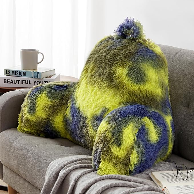 Reading Pillow for Bed Adult - Faux Fur Backrest Pillow with Arms, Ergonomic Back Rest Pillow for Sitting Up in Bed, Fluffy Sit Up Pillow, Brilliant Gaming Pillow for Bed, Boyfriend Pillow