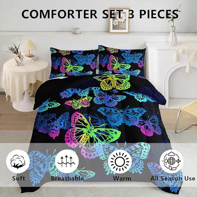 Axolotl Colorful Butterflies Bedding Set,Gradient Butterfly Comforter for Girls Kids,3 Pcs Butterfly Animal Kids Bed Set,Rainbow Butterflies Comforter for Teens Adults,1 Quilt with 2 Pillowcases King