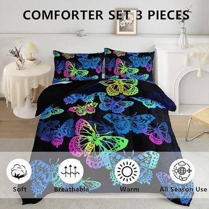 Axolotl Colorful Butterflies Bedding Set,Gradient Butterfly Comforter for Girls Kids,3 Pcs Butterfly Animal Kids Bed Set,Rainbow Butterflies Comforter for Teens Adults,1 Quilt with 2 Pillowcases King