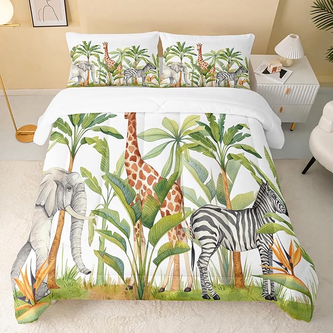 QOOMO Wild Animal Comforter Full Size,Elephant Giraffe Zebra Kids Comforter Set,3Pcs Bedding Set Printed Comforter with 2 Pillowcases,Down Alternative,Soft and Lightweight
