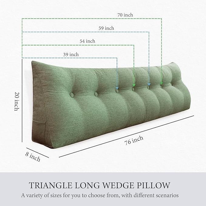 Headboard Pillow Wedge King Size Large Bolster Pillow for Bed Triangle Reading Pillow Back Support Pillow for Sitting Up in Bed XXL Couch Daybed Bed Rest Backrest Cushion Linen Sage Green