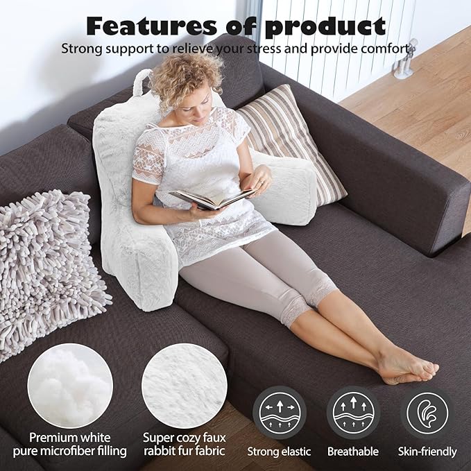 Reading Pillow Large Bed Pillow,Backrest Pillow with Arms, Back Support Pillow for Sitting Up in Bed, Couch for Lounging Bedrest,White