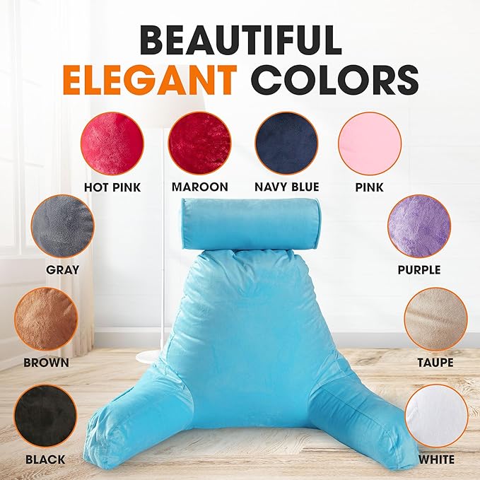Cheer Collection Reading Pillow Chair - Chair Pillow with Arms and Detachable Neck Bolster for Bed & Couch - Machine Washable, Sky Blue